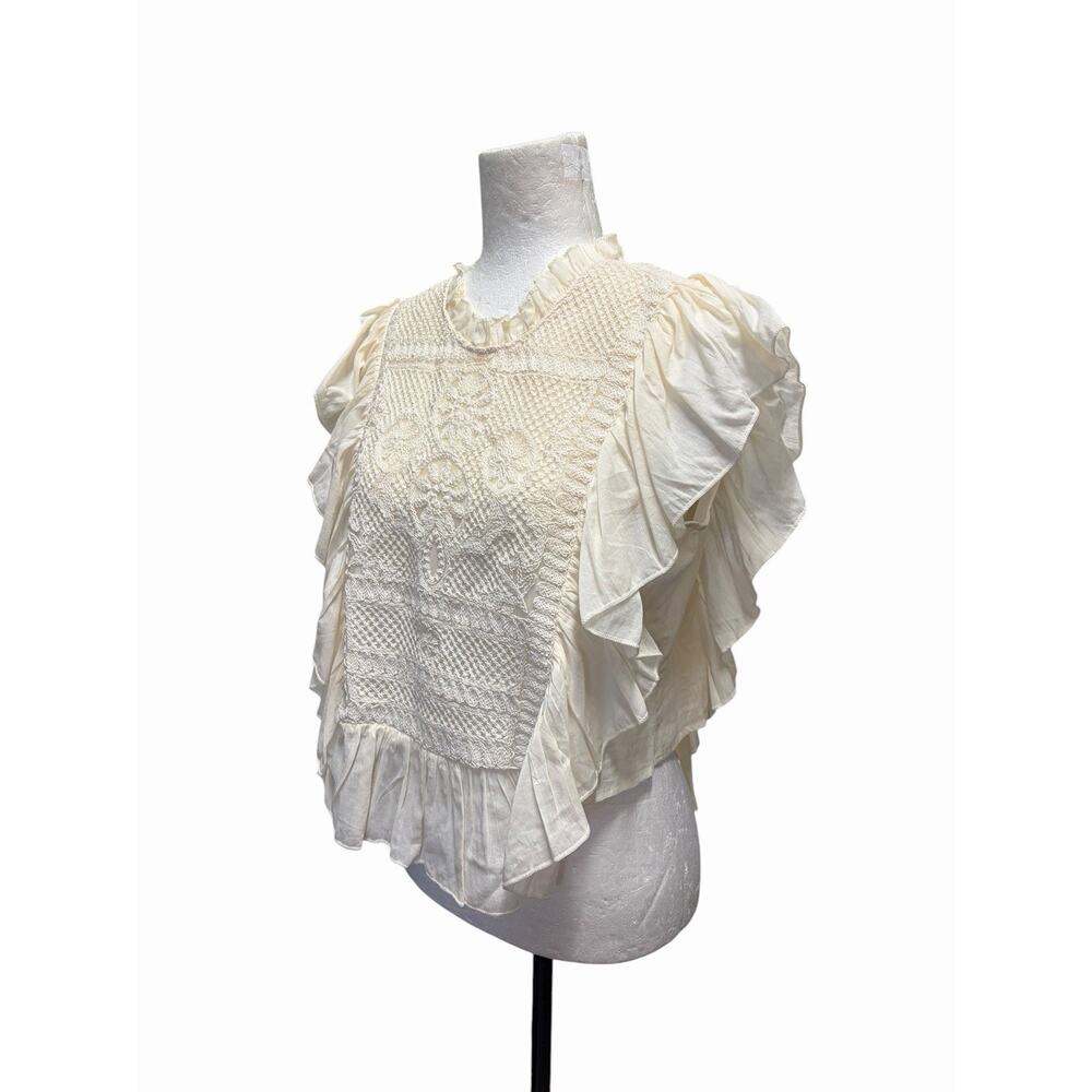 JOIE Ruffle Crochet Top Ivory Eyelet Sleeveless Western Victorian Romantic Sz S - Picture 2 of 7
